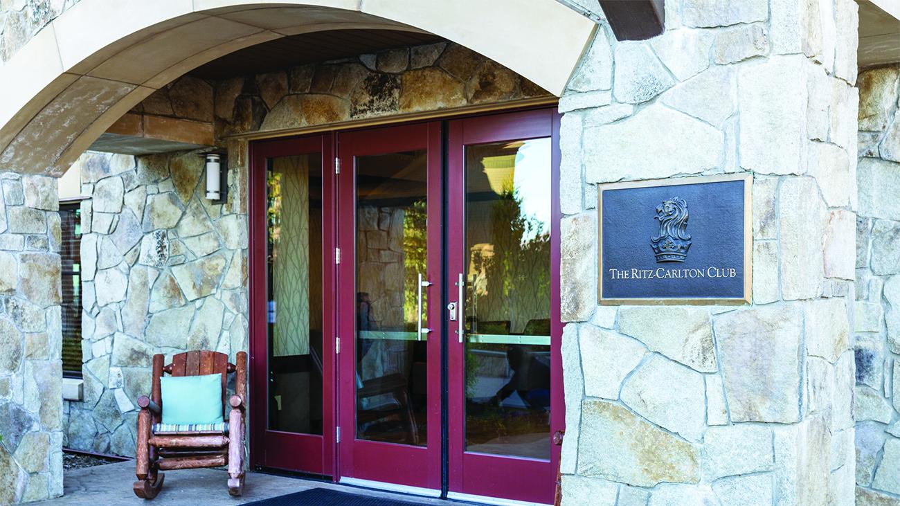 Main entrance recessed doorway to The Ritz-Carlton Club Lake Tahoe resort timeshare